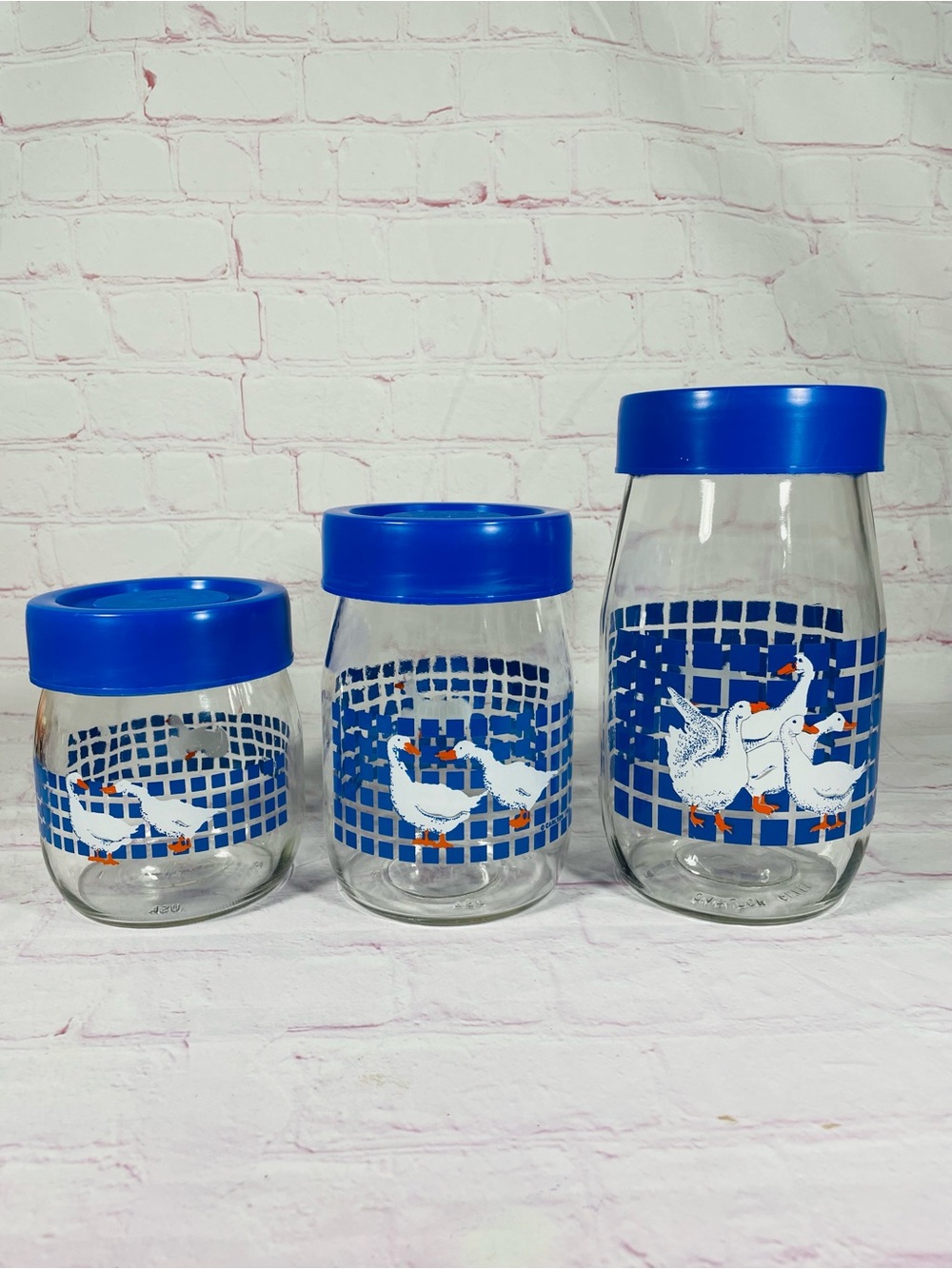 Vintage Carlton Goose Geese 3 Piece Glass Canister Set with Blue Lids 1982